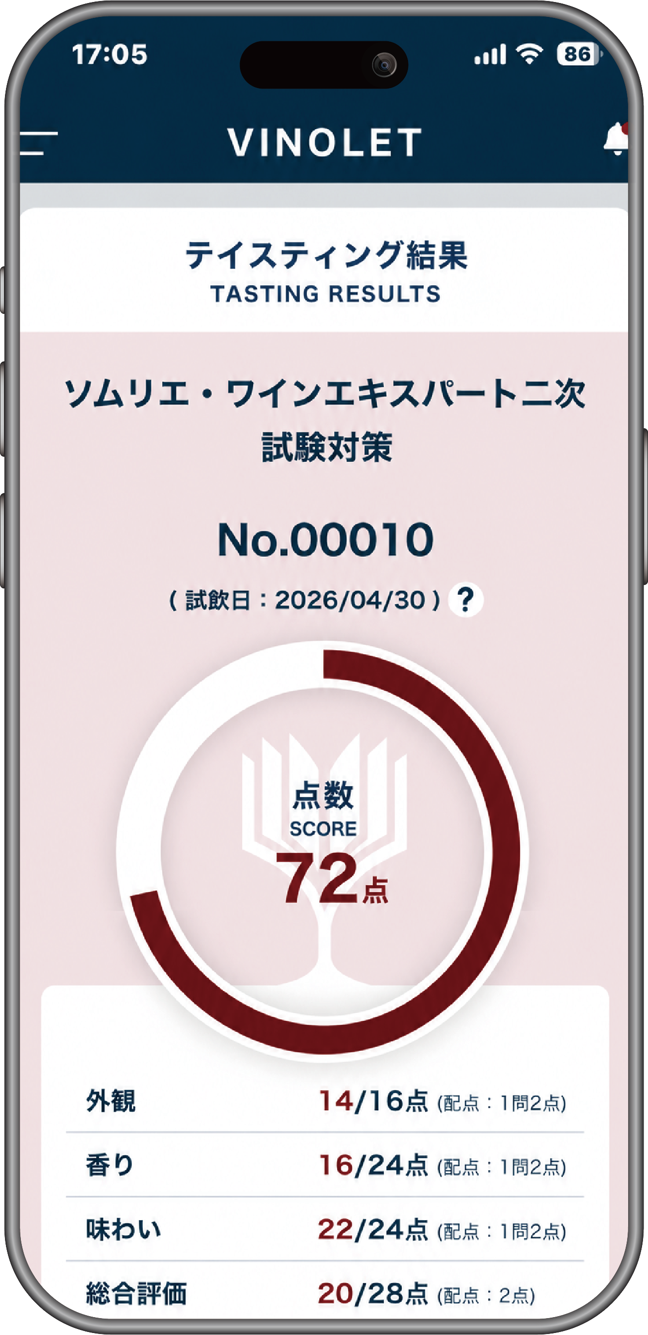VINOLETアプリ画面：自動採点・即フィードバック。スコアと項目別の判定結果を表示