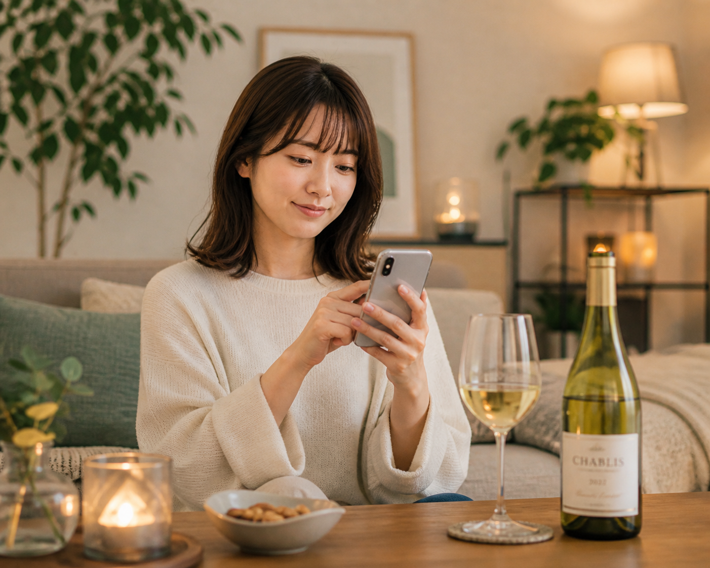 リビングで小瓶ワインとスマホでテイスティング学習をする受講生