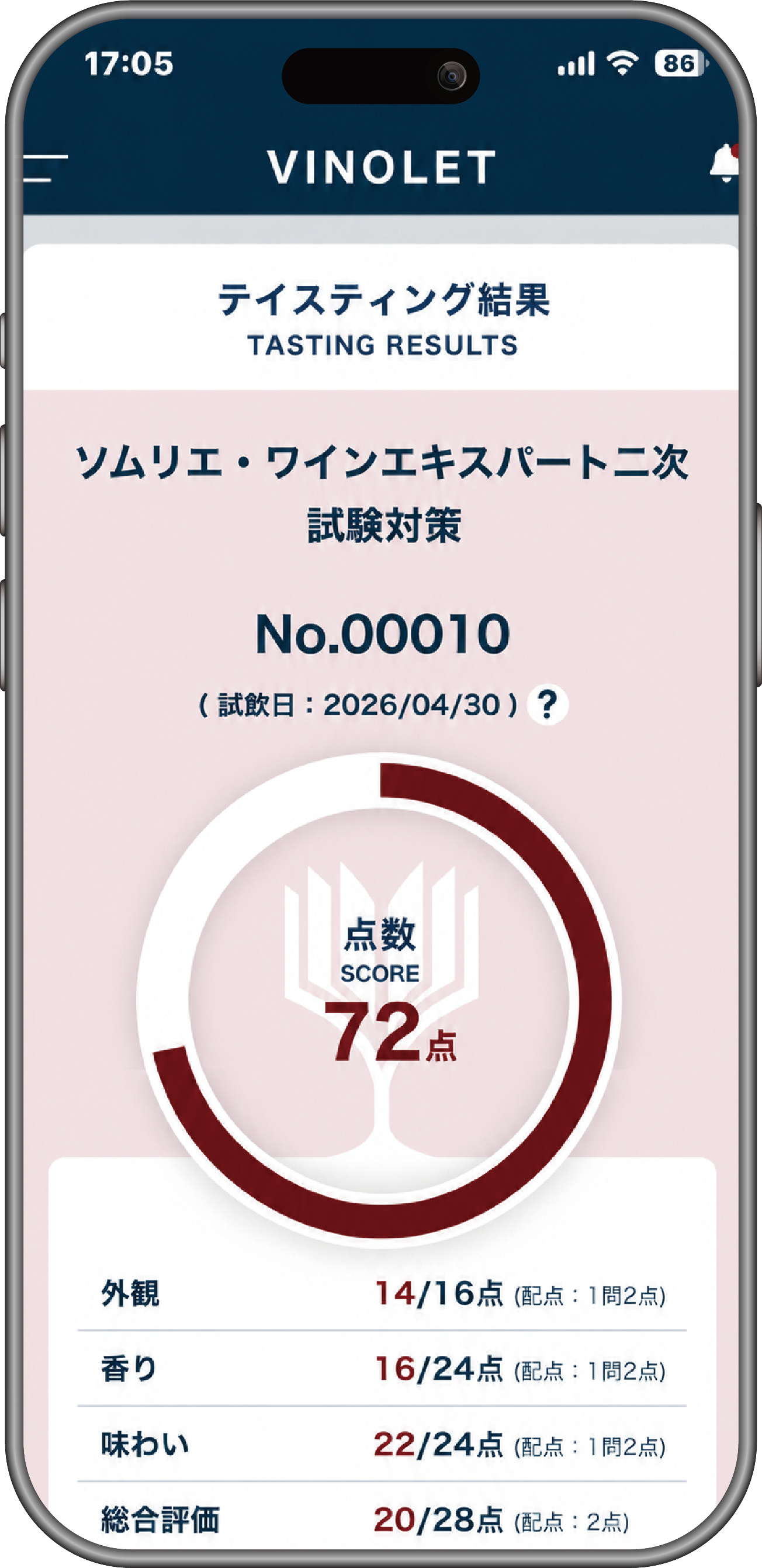 VINOLETアプリ画面：テイスティング結果（自動採点）